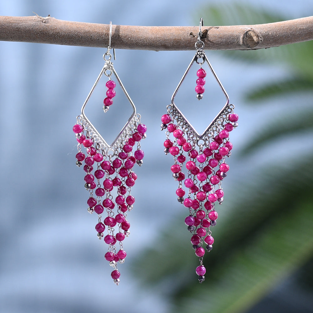 Model wearing Pink Bead Layered Earrings, highlighting size and 92.5 Sterling Silver.