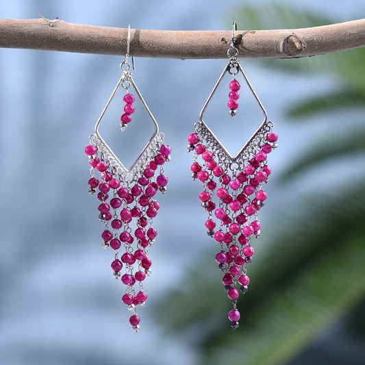 Model wearing Pink Bead Layered Earrings, highlighting size and 92.5 Sterling Silver.