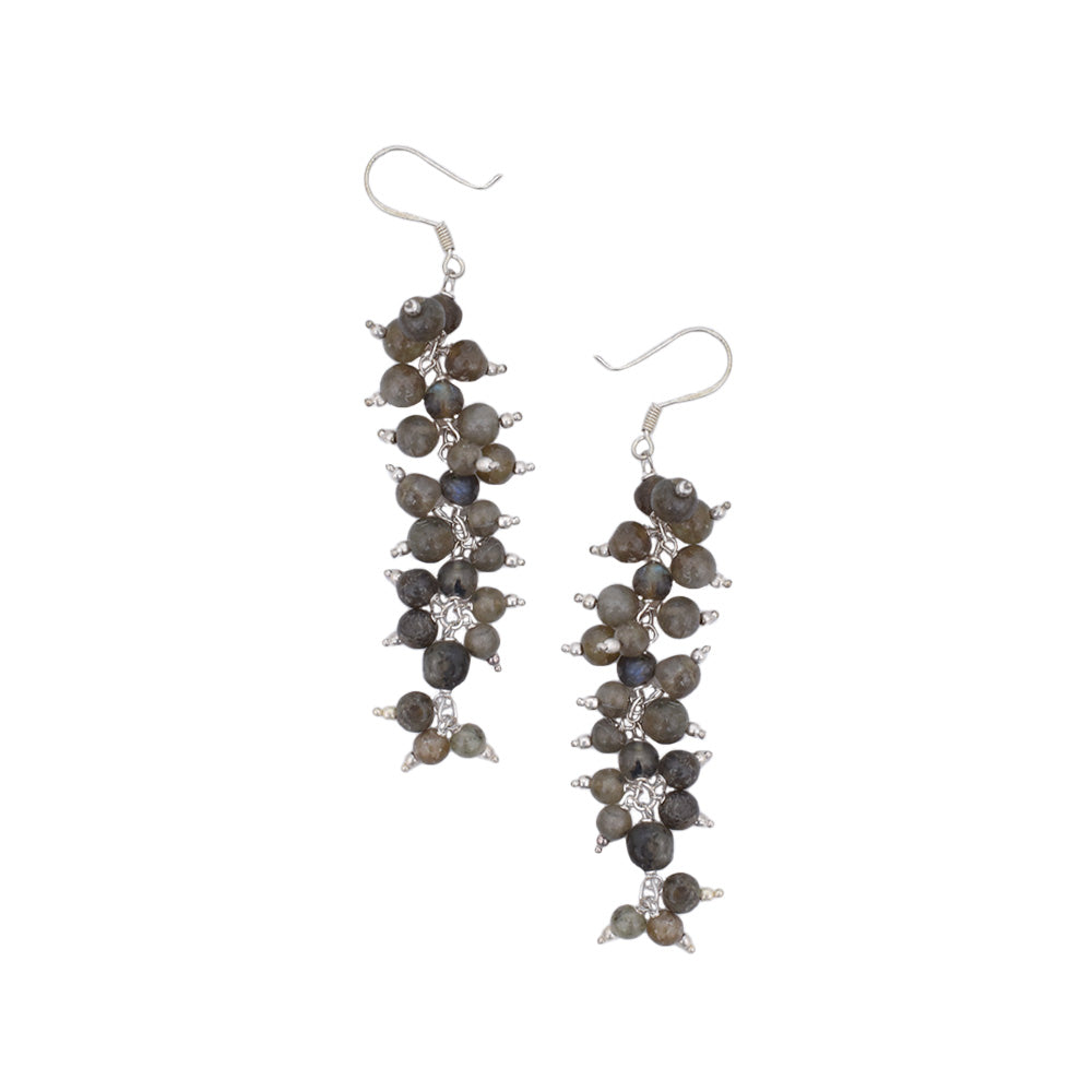 Artistic composition of brown beads drop dangle earrings with Brown & Silver embellishments and 92.5 Sterling Silver.