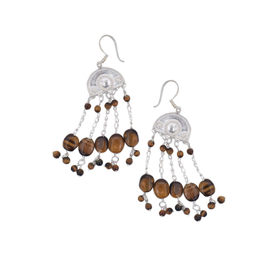 Model wearing Tiger Eye Chandelier Earrings, highlighting size and 92.5 Sterling Silver.