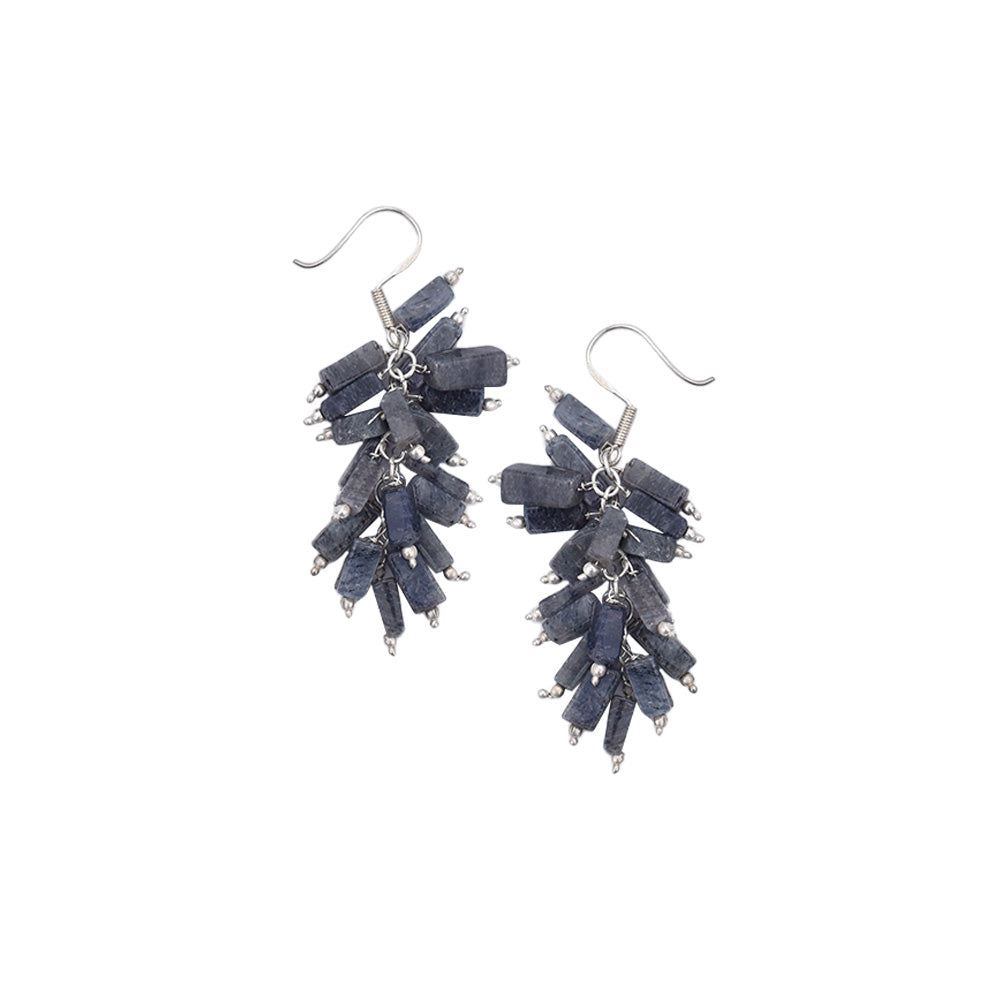 Model wearing Lapis Drop Earrings, highlighting size and 92.5 Sterling Silver.