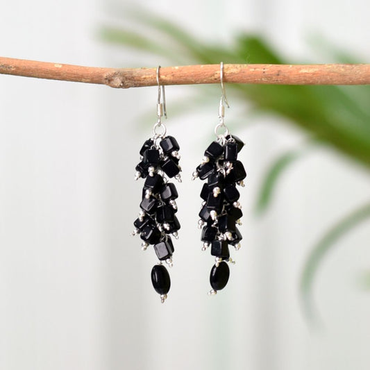 Front view of Noir Onyx black onyx earrings crafted in 92.5 Sterling Silver.