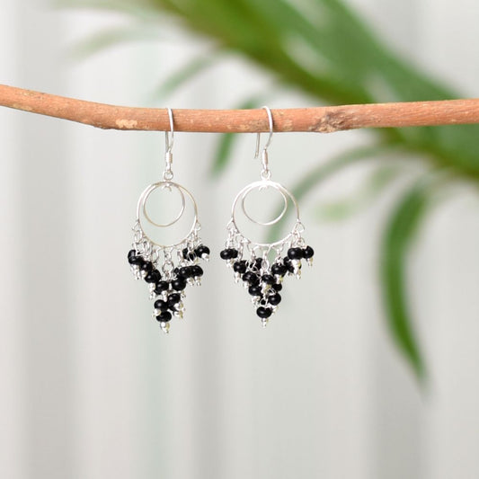 Front view of Reet black beads drops dangle earrings crafted in 92.5 Sterling Silver.
