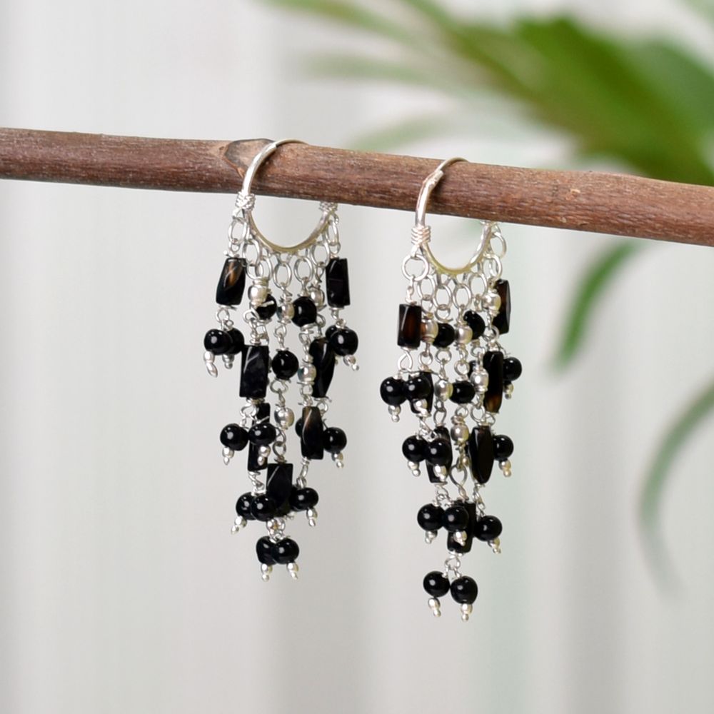 Front view of Chaandni gorgeous black beaded earrings crafted in 92.5 Sterling Silver.