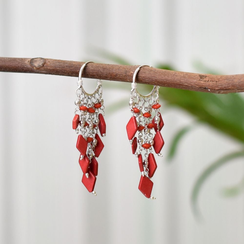 Front view of Reet 7 blood red dangle earrings crafted in 92.5 Sterling Silver.