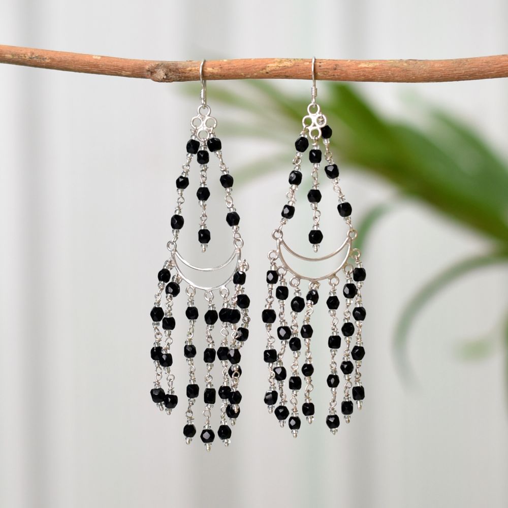 Front view of Chaandni Onyx black onyx earrings crafted in 92.5 Sterling Silver.