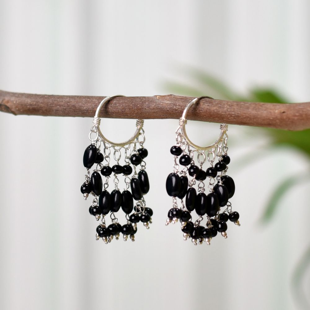 Front view of Noir Onyx black onyx earrings crafted in 92.5 Sterling Silver.