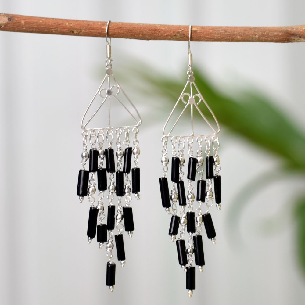 Front view of Reet indo western black drop earrings crafted in 92.5 Sterling Silver.