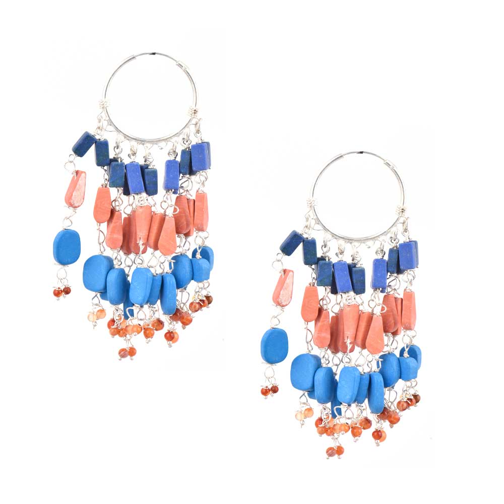 Artistic display of 92.5 Sterling Silver Multicolored Stone Gypsy Hoop Earrings in 925 Silver, Multicolor elements