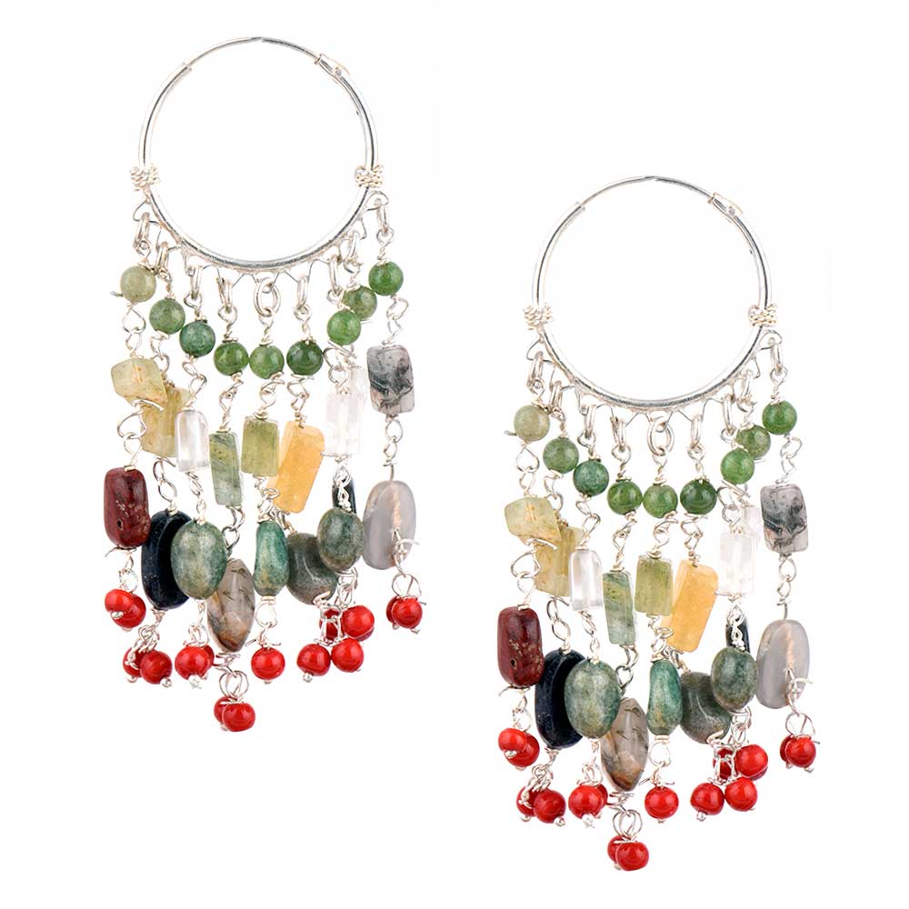 Artistic display of 92.5 Sterling Silver Handmade Stone Dangle Hoop Earrings in 925 Silver, Multicolor elements