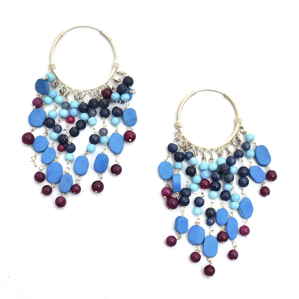 Top view of handcrafted 7 Chandeliers Blue Earrings in 925 Silver, Multicolor stones, 92.5 Sterling Silver