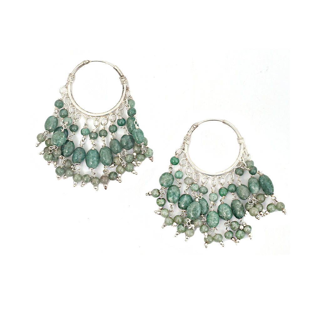 Angled view of Boho Style Green Hoop Earrings showcasing gemstone and 92.5 Sterling Silver.