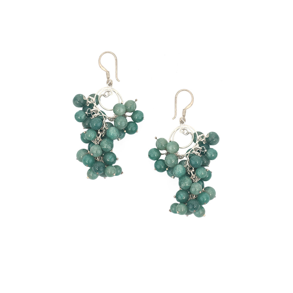 Angled view of Green Beads Cluster Earrings showcasing gemstone and 92.5 Sterling Silver.