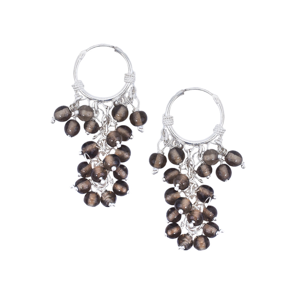Angled view of Brown Bunch Hoop Earrings showcasing gemstone and 92.5 Sterling Silver.