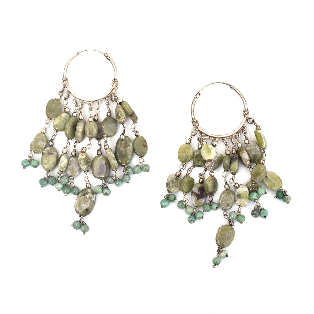 Angled view of Light Green Beaded Drop Earrings showcasing gemstone and 92.5 Sterling Silver.