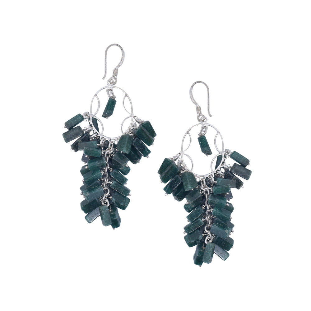 Angled view of Malachite Drop Earrings showcasing gemstone and 92.5 Sterling Silver.