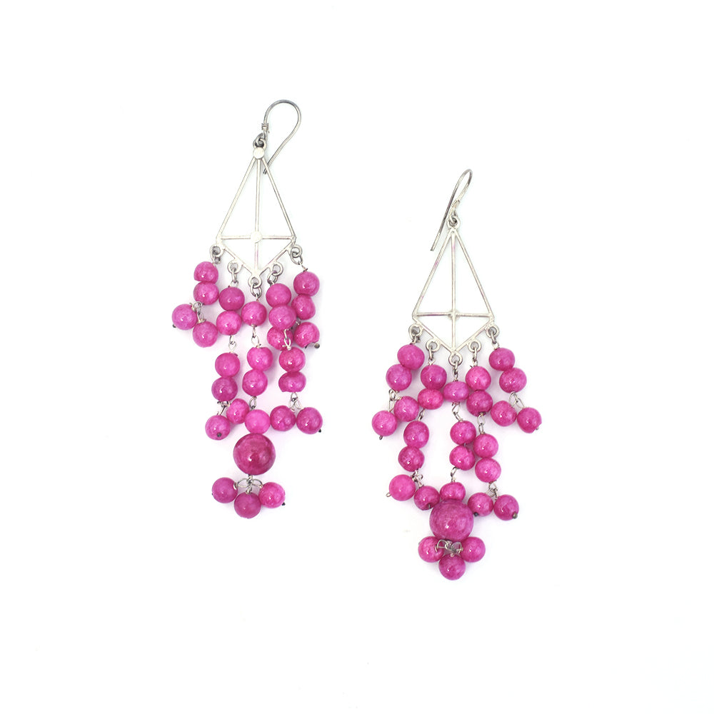 Angled view of Pink Chalcedony Chandelier Earrings showcasing gemstone and 92.5 Sterling Silver.