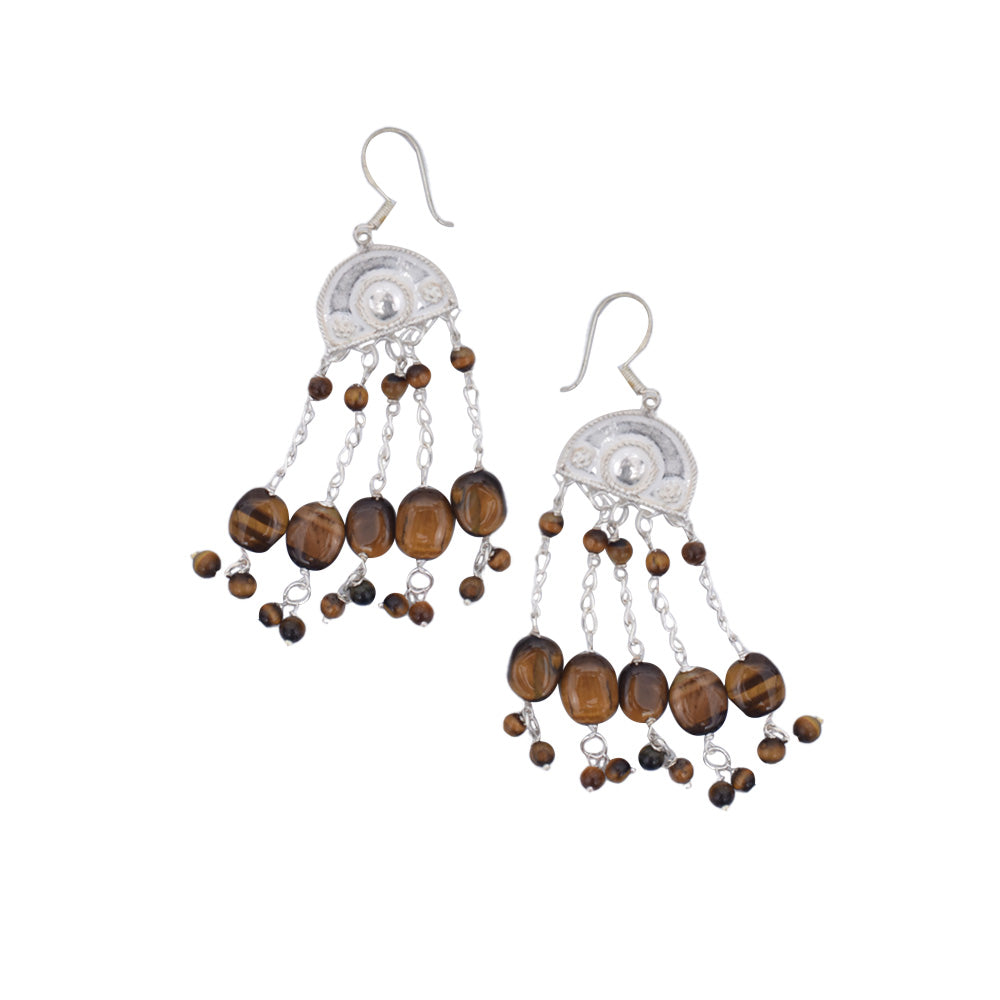 Pair of Tiger Eye Chandelier Earrings on a display stand, crafted from 92.5 Sterling Silver.