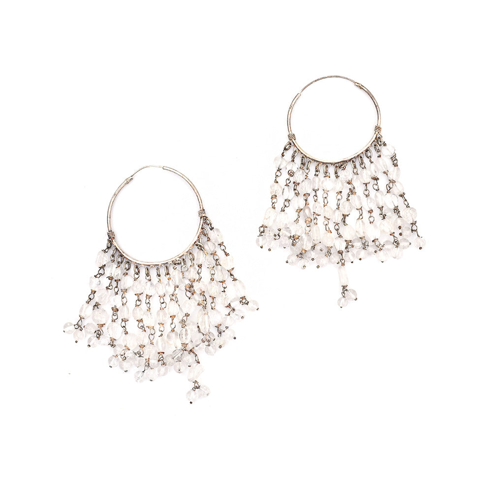 Pair of White Beaded S Drop Earrings on a display stand, crafted from 92.5 Sterling Silver.