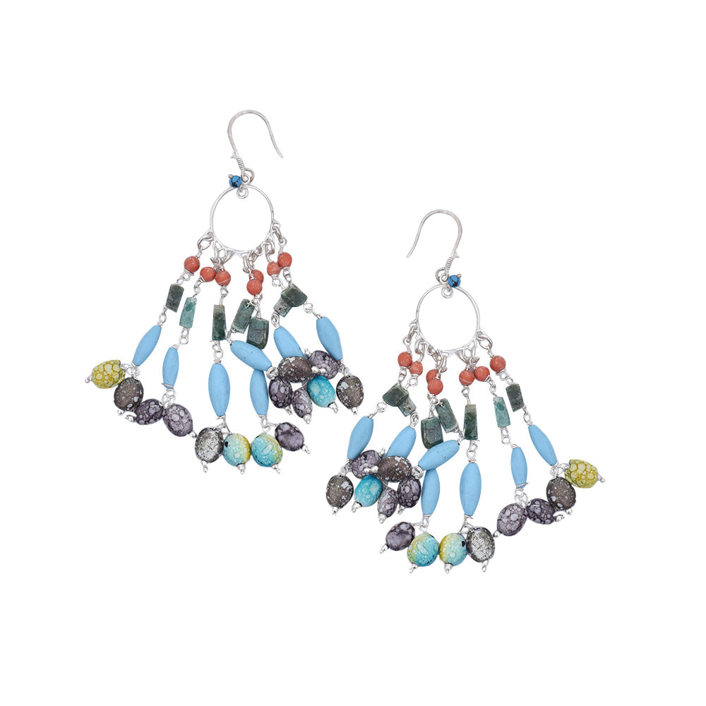 Pair of Multicolor Beads Dangle Earrings on a display stand, crafted from 92.5 Sterling Silver.