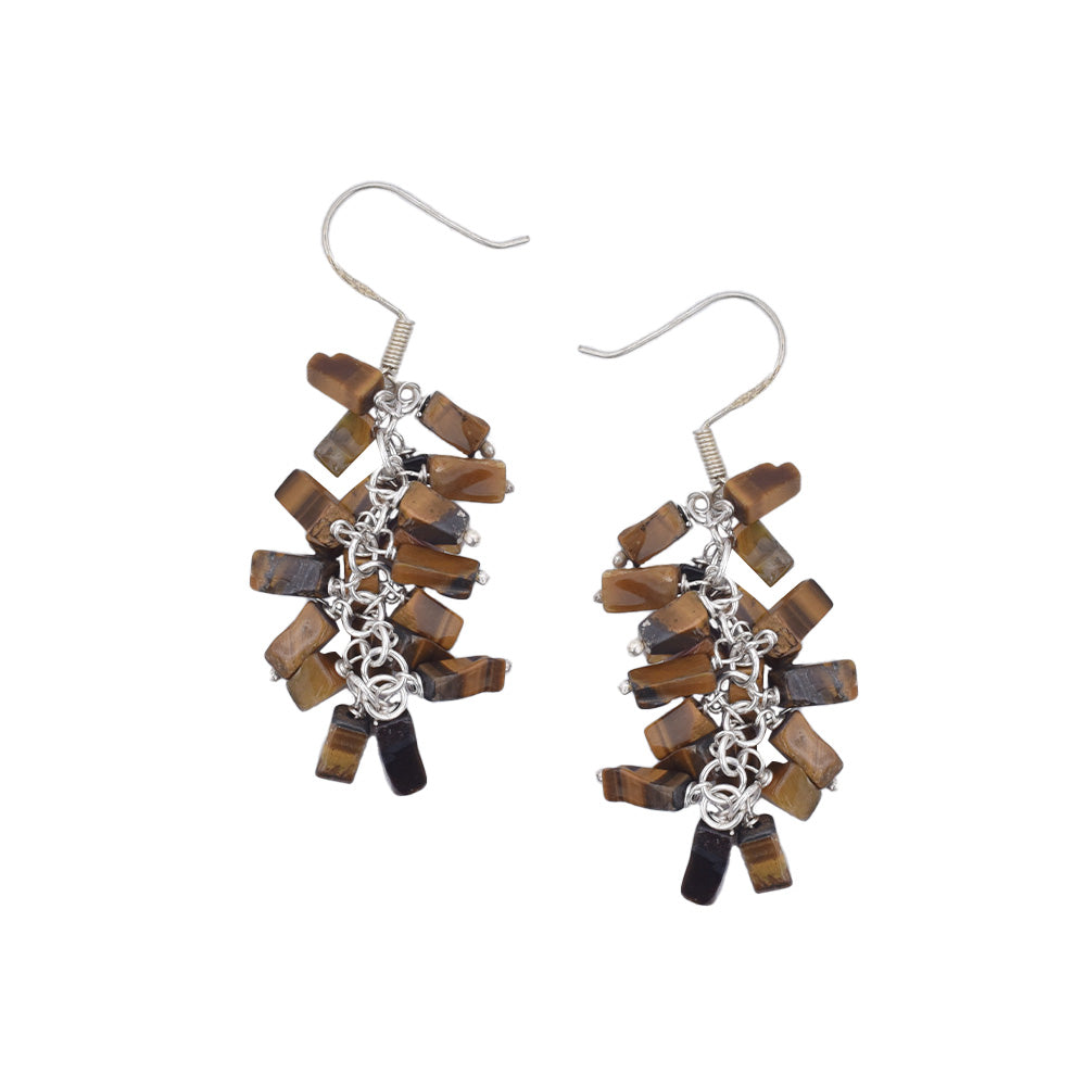 Pair of Tiger Eye Stone Dangle Earrings on a display stand, crafted from 92.5 Sterling Silver.