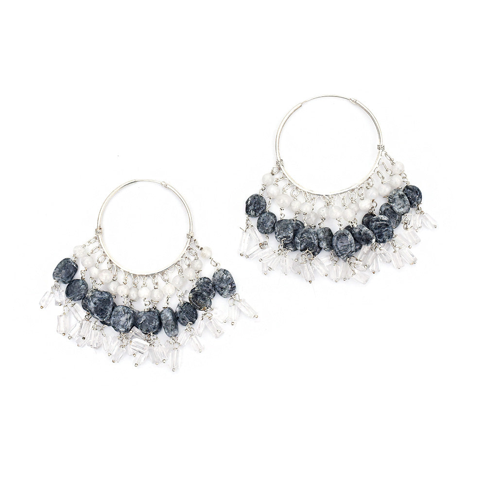 Pair of Vintage White Grey Earrings on a display stand, crafted from 92.5 Sterling Silver.