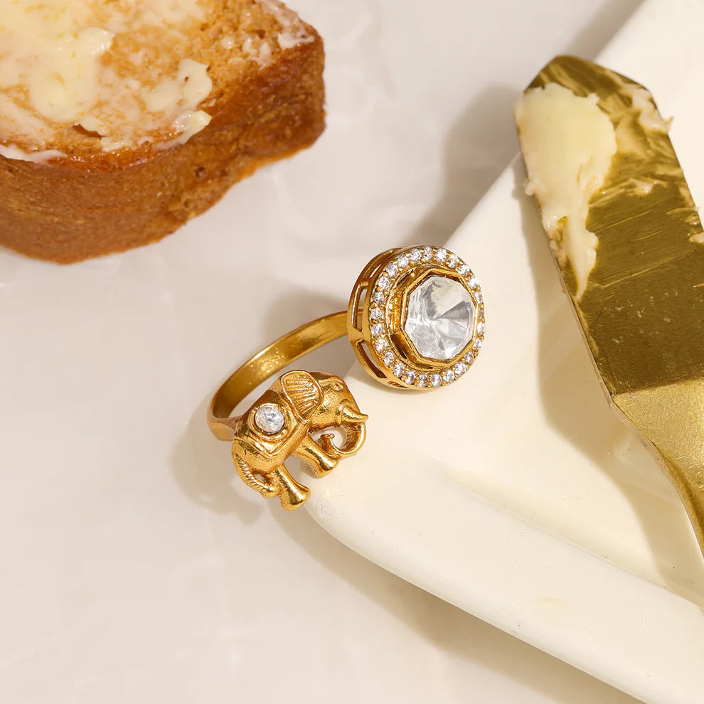 Ruby Raang Kundan Gold plated Elephant and Round Ring